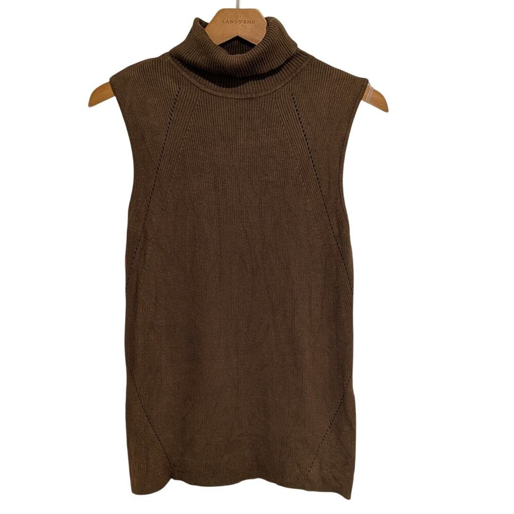 Women's Brown Ribbed Turtleneck Sleeveless Sweater (M) Fall Effortless Elegance